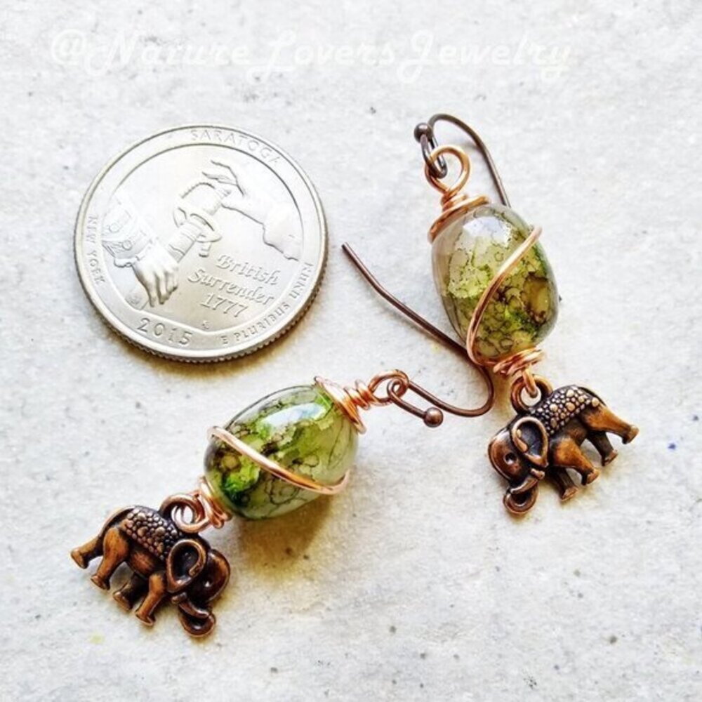 Elephant Lovers! Lovely Green Glass Beads & Copper Elephant ~ Chunky Earrings!